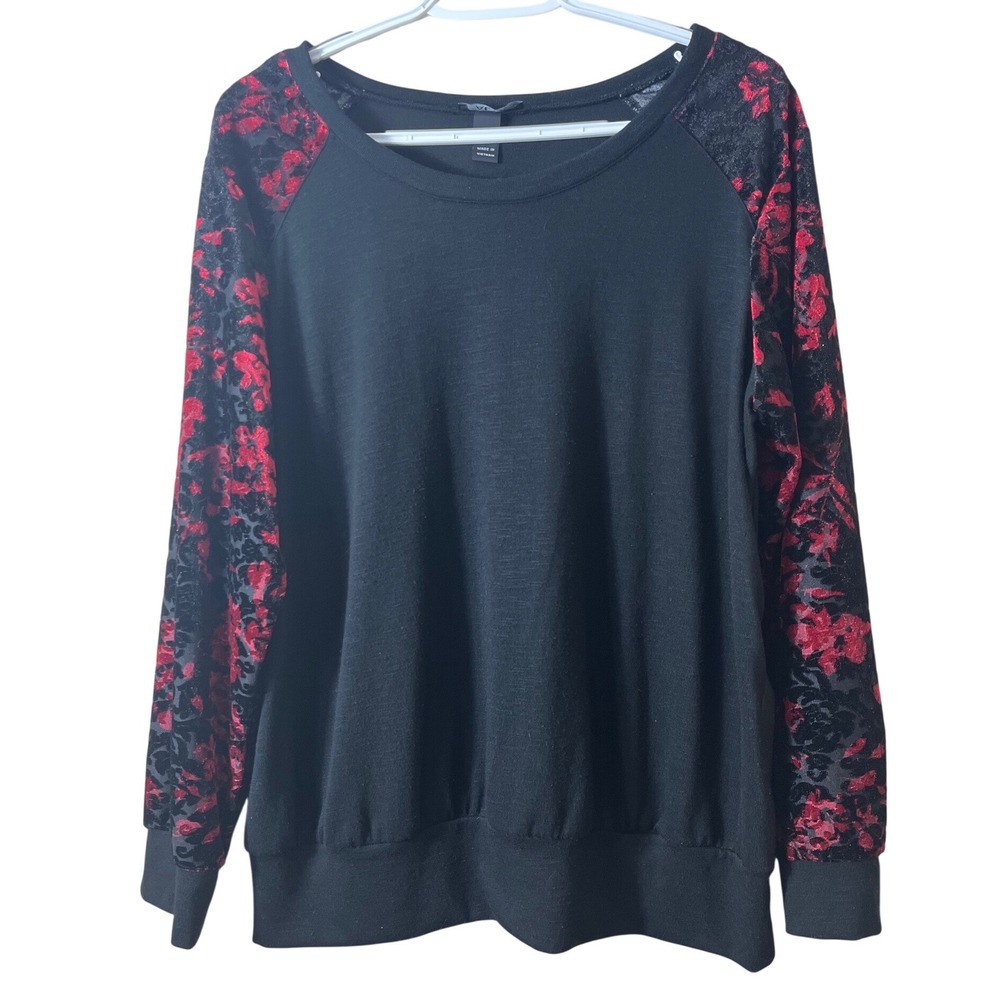 Alyx Women 1X Black Red Floral Velvet Burnout Raglan Sleeve Goth Romantic Top
